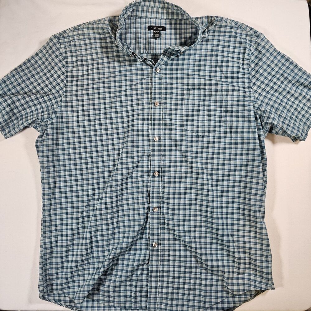 Van Heusen Men's XXL Plaid Woven Button-Down Shirt Blue White Short Sleeve
